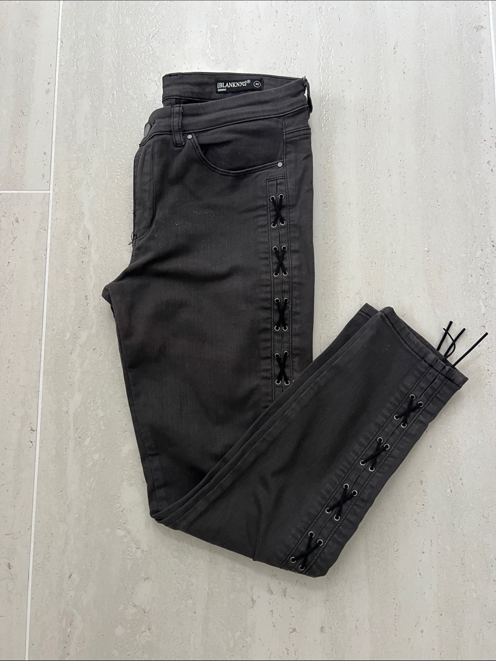 Blank NYC Black Skinny Jeans with Side Lace-Up Detail